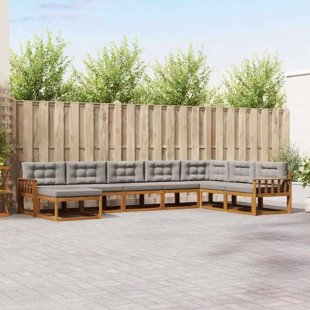 Set di divani da esterno a L con ottoman vidaXL in legno di acacia, 8 pezzi, Grigio e Marrone