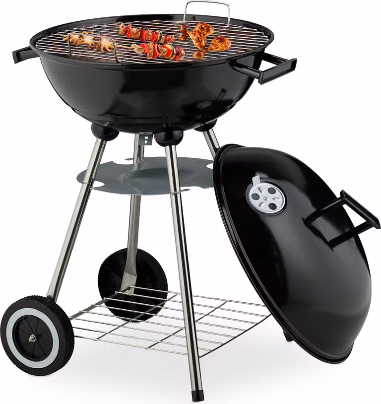Barbecue a sfera Relaxdays, Ø 44 cm, griglia, barbecue a sfera con vaschetta raccogli cenere, barbecue a carbonella con ruote, barbecue, nero