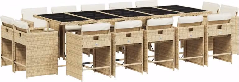 Set da Pranzo da Giardino 15 pz con Cuscini Beige in Polyrattan