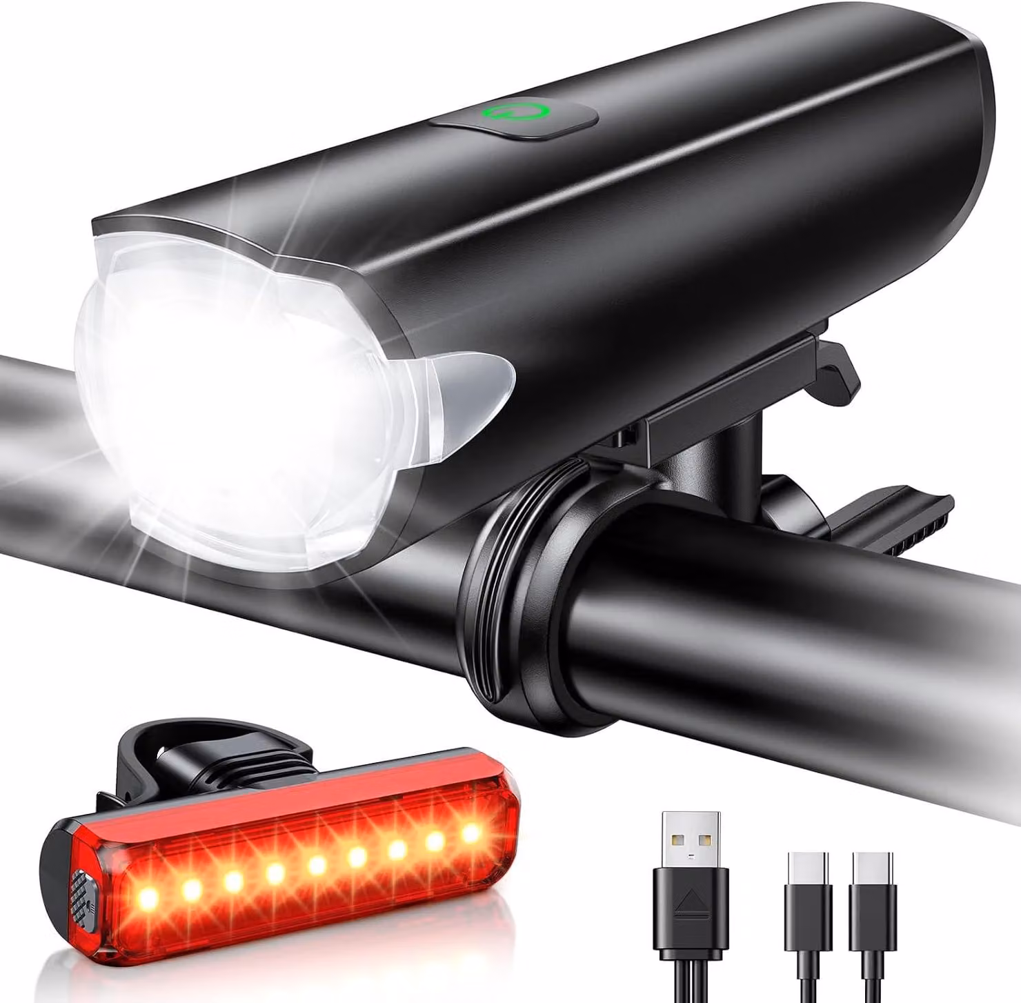 Faro per bicicletta da 1200 lumen, ideale per uscite notturne, con fascio luminoso ampio, resistente all'acqua (IP65) e ricaricabile tramite USB, con 3+5 modalità di illuminazione