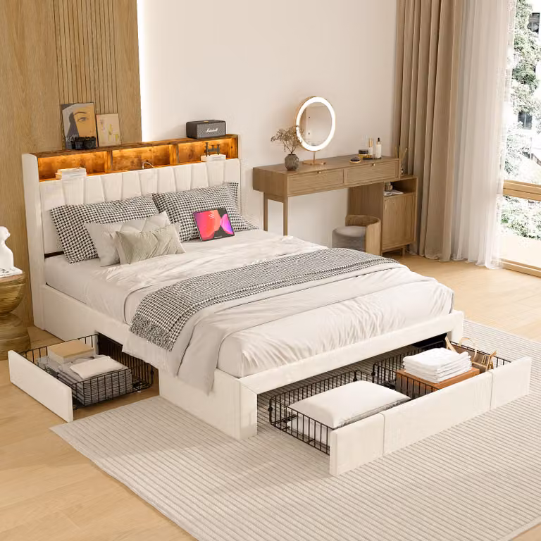 CDGlobal letto imbottito letto matrimoniale 160x200, letto contenitore a LED letto giovanile con 4 cassetti, funzione di ricarica USB/Type-C, vano portaoggetti, letto funzionale struttura letto con rete a doghe in legno, cotone, beige