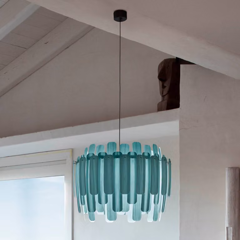 LZF LAMPS Lampada a sospensione Maruja, dimmerabile, Blu, Soggiorno / Sala da pranzo, Legno, Design, Lampada a sospensione