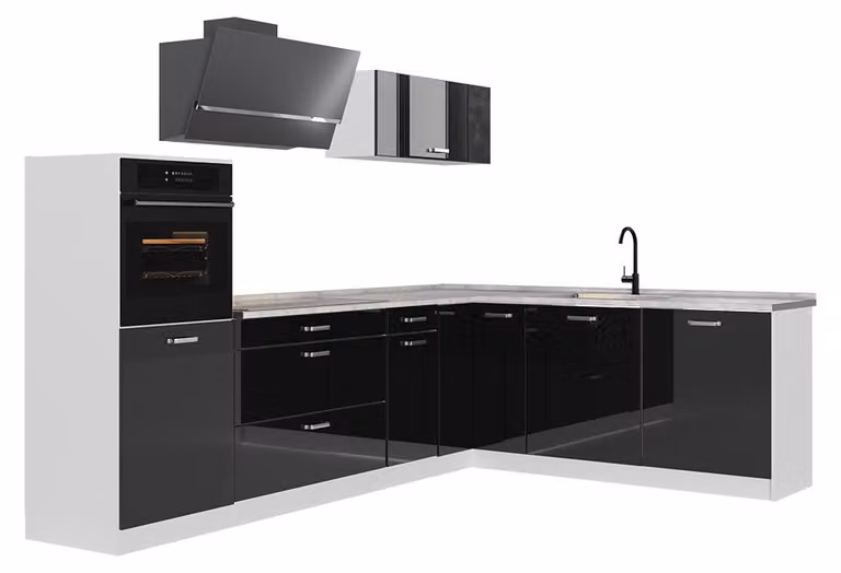 Cucina angolare completa Vicco R-Line Nero lucido/Bianco 287 x cm senza piano di lavoro, Model 66772