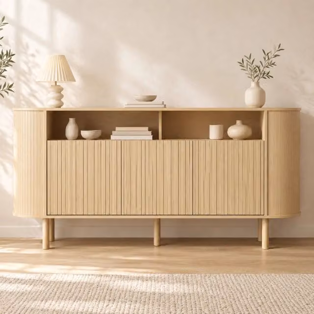 Credenza ULEVR 160x40x78,5 cm con 3 ante ondulate e 2 vani aperti, mobile contenitore naturale