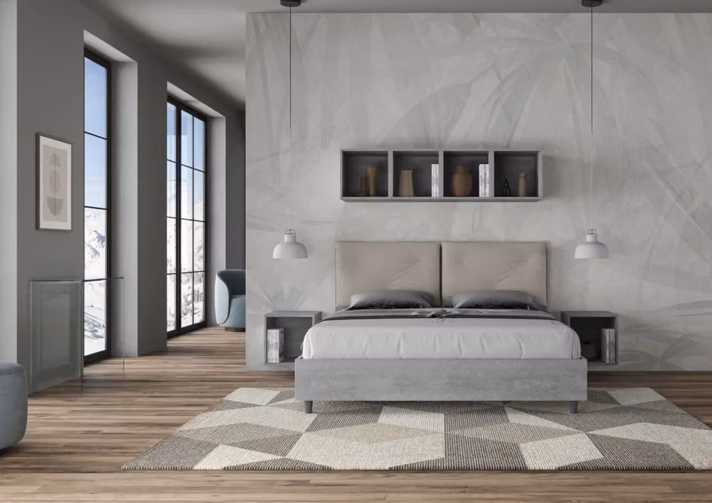Letto Matrimoniale Egos Appia con Contenitore e Rete, Struttura in Cemento e Cuscini in Similpelle, Colore Tortora, L/P: 160 x 200 cm – 2