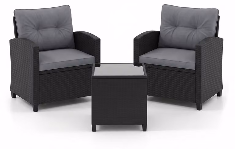 Set di mobili da giardino in polyrattan COSTWAY da 3 pezzi, mobili da balcone con cuscini, 2 sedie e tavolo, set da balcone, mobili da terrazza, set da giardino, salottino grigio