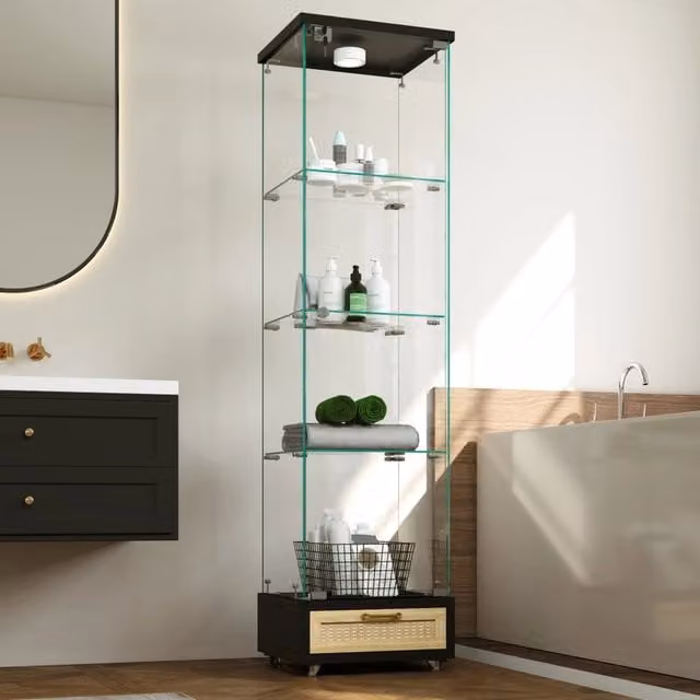 Vetrina moderna nera in vetro temperato con LED, 1 anta e cassetti, 4 ripiani. H167xL42,5xP36,5 cm. Per soggiorno e camera da letto