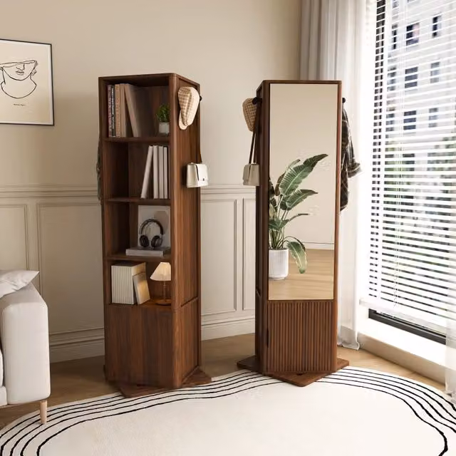 Armadio Portagioie Girevole 360° con Specchio a Figura Intera; Mobile Portagioie 4 in 1; Colore Noce Scuro; 50x50x170 cm