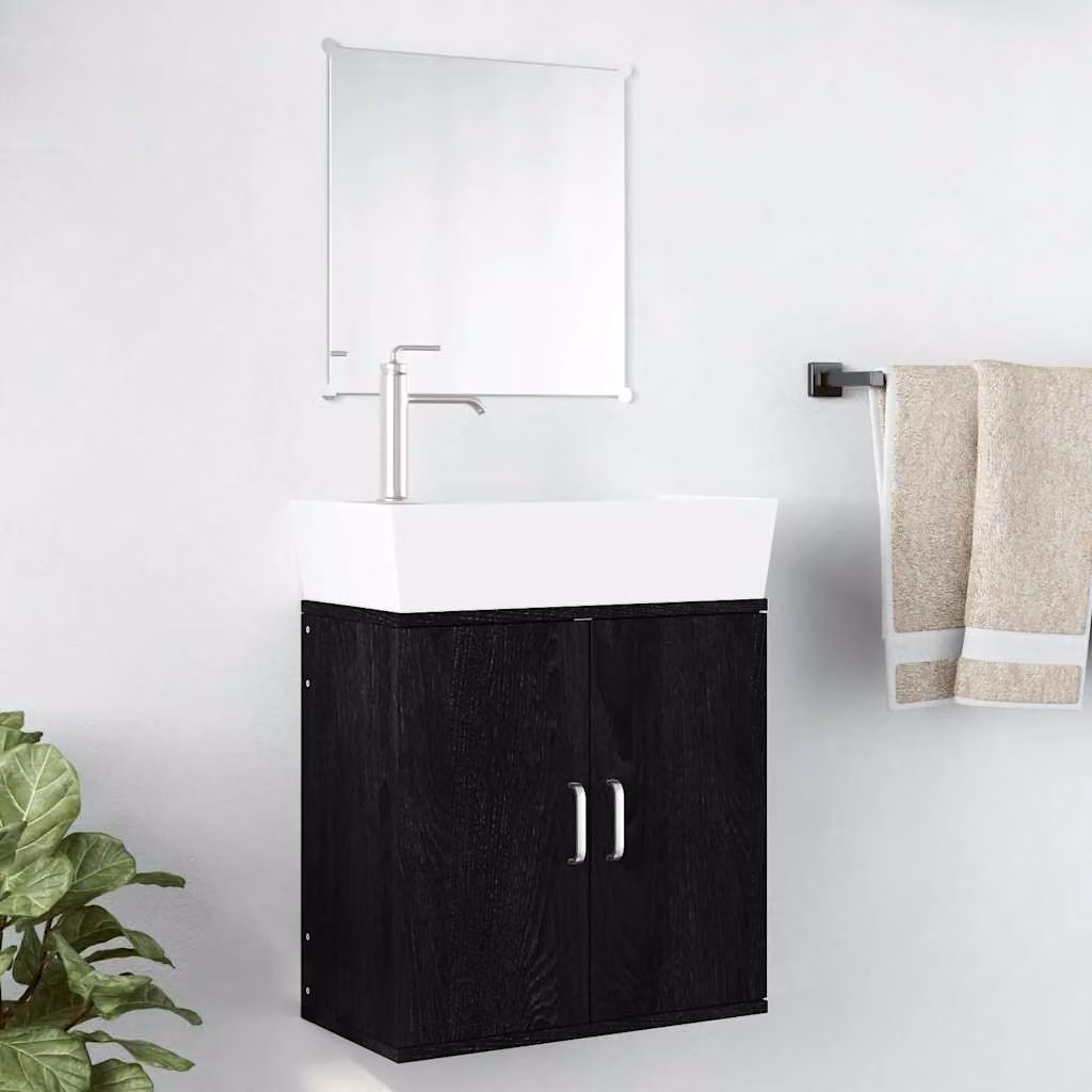 Set Mobili da Bagno Moderno vidaXL in Legno Nero Opaco composto da Mobile Lavabo e Armadietto con Specchio