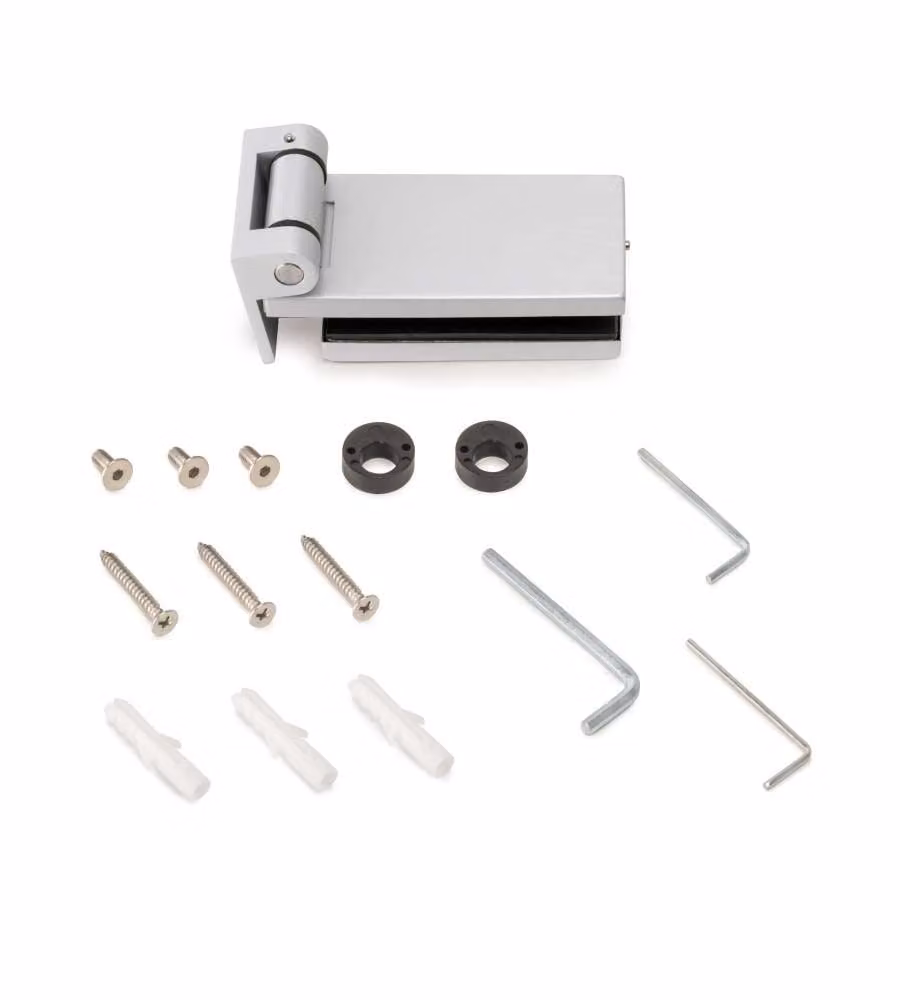 Cerniera orizzontale Emuca per anta in vetro con forcella da 40 mm, compatibile con spessore 8-12 mm, in alluminio e acciaio grigio metallizzato