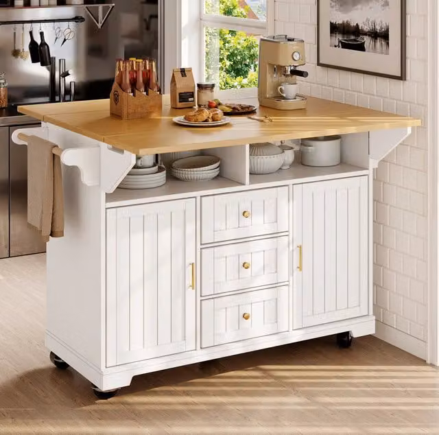 Isola da cucina 120 x 40/80 x 95 cm bianca con piano ribaltabile e ruote