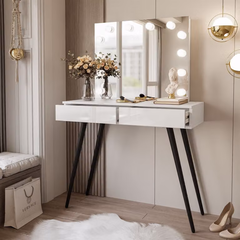 SIENNA LOFT ELITE Tavolo da trucco con specchio, nero/bianco lucido, sistema push-to-open