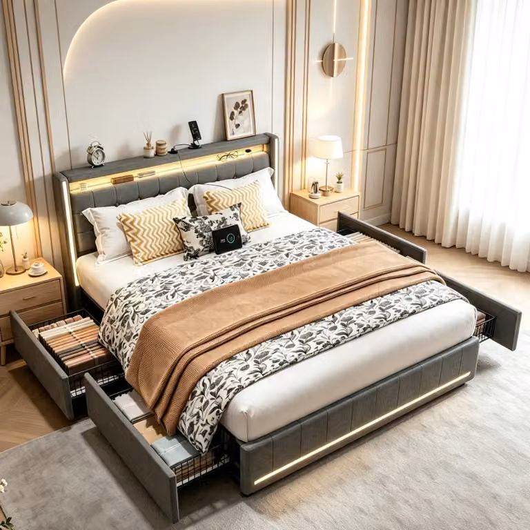 Letto imbottito INONEFT, 140x190 cm, letto matrimoniale con 4 cassetti, letto per ragazzi con LED e USB, letto contenitore, letto con rete a doghe, tessuto in lino, color grigio scuro