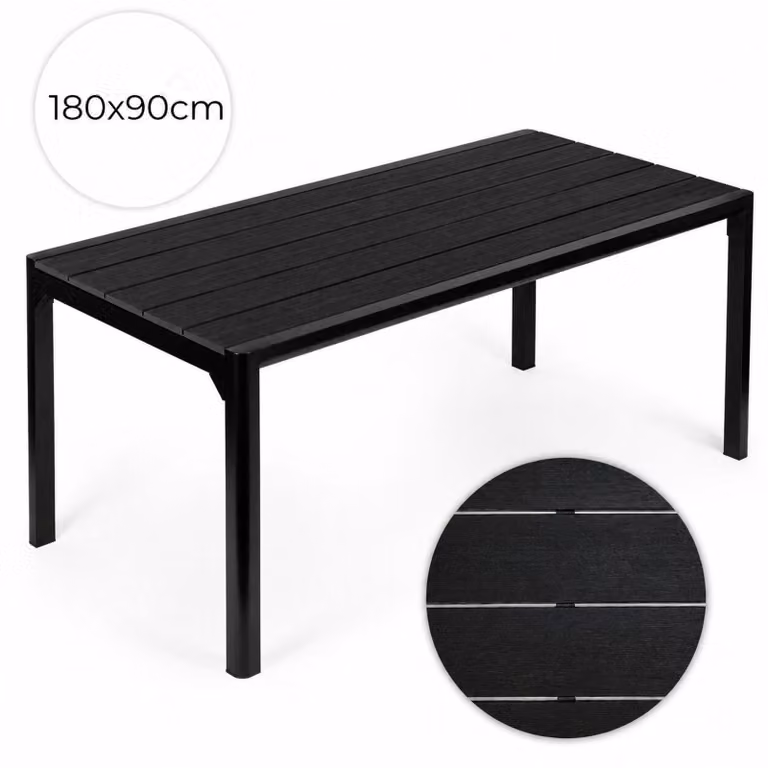 Grande tavolo da giardino nero, 8 posti, 180×90 cm