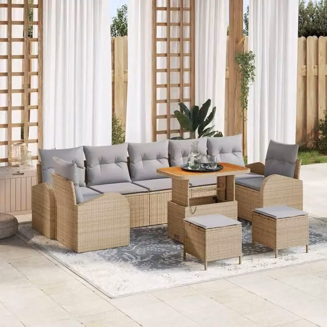 Set da giardino vidaXL composto da 10 pezzi in rattan beige con cuscini inclusi e struttura in acciaio verniciato a polvere