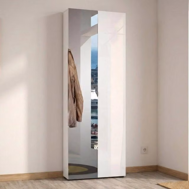 Armadio multiuso a muro Crisocolla DMORA con 2 ante con specchio e chiusura soft-close, Bianco lucido, L: 70 cm, P: 19 cm, H: 200 cm