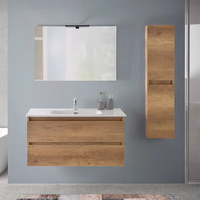 Mobile bagno sospeso INBAGNO Nadia in rovere naturale con pensile, L: 100 cm, P: 50 cm, H: 46 cm