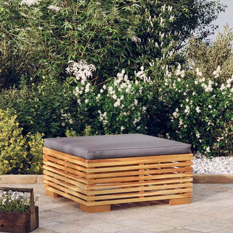 vidaXL Poggiapiedi da Giardino in Legno di Teak con Cuscino Grigio