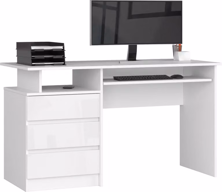 Scrivania CLP 135 cm Bianco Lucido con 3 Cassetti e Ripiano Estraibile