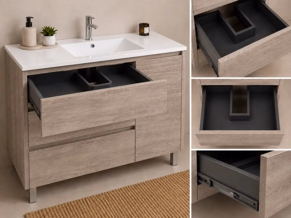 Set mobile bagno moderno DUCHA beige con lavabo, specchio con illuminazione LED e colonna, L/P/H: 120 x 45 x 140 cm – 2