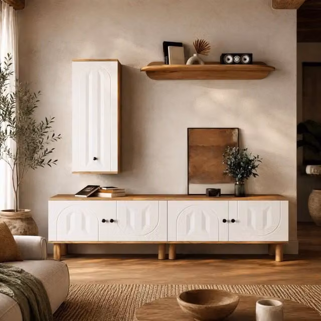 Parete TV con ante intagliate; mobile basso; vetrina e mensola; bianco e legno naturale