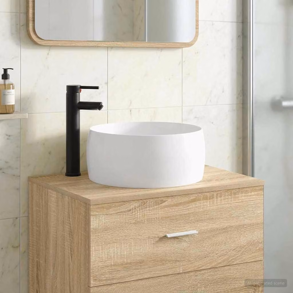 Lavabo quadrato in ceramica vidaXL con rubinetto e scarico Nero Opaco L/P/H: 38,5 x 38,5 x 16 cm