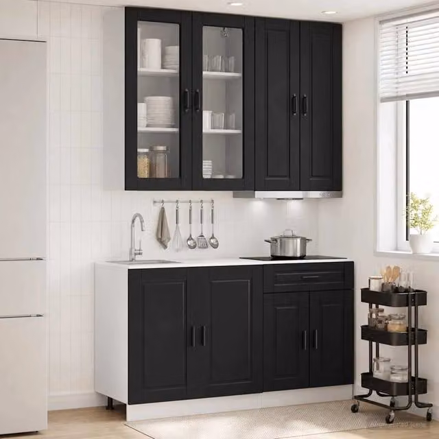 Unità cucina moderna vidaXL in MDF nero con ante in vetro, 4 pezzi