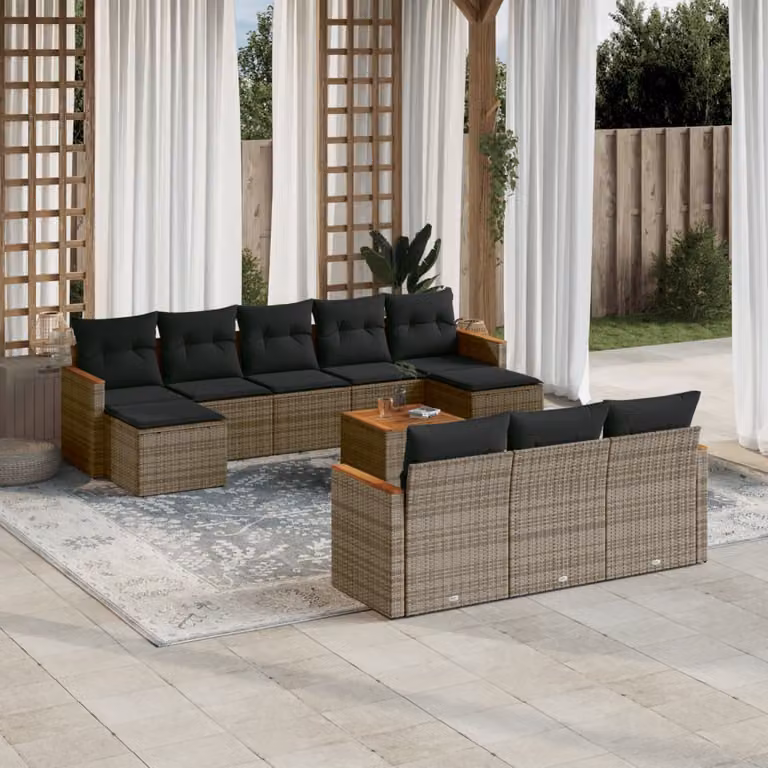 vidaXL Set Divani da Giardino 11 pz in Polyrattan Grigio con Cuscini e Tavolino da Esterno