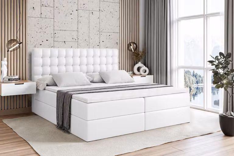 Letto boxspring ALTDECOR con materasso e rete a doghe - VIONE - 160x200 cm - Pelle finta bianca - Letto boxspring, topper, letto imbottito con contenitore, letto con vano portaoggetti H4 - Materasso, letto matrimoniale, letto boxspring
