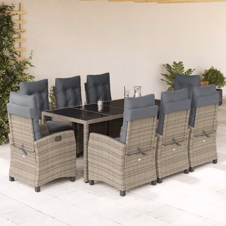 The Living Store Set da pranzo da giardino 9 pezzi con cuscini in poly rattan grigio