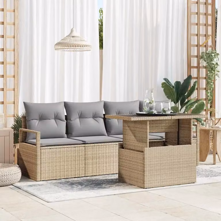 Set Divano da Giardino vidaXL 5 Pezzi a Forma di U con Tavolino, Colore Beige, Struttura in Metallo e Polyrattan