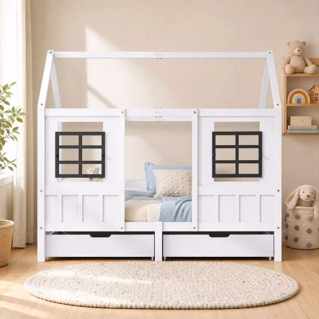 Letto a casetta Mivray per bambini in legno e MDF bianco con 2 cassetti L/P/H: 207 x 90 x 174 cm – 2