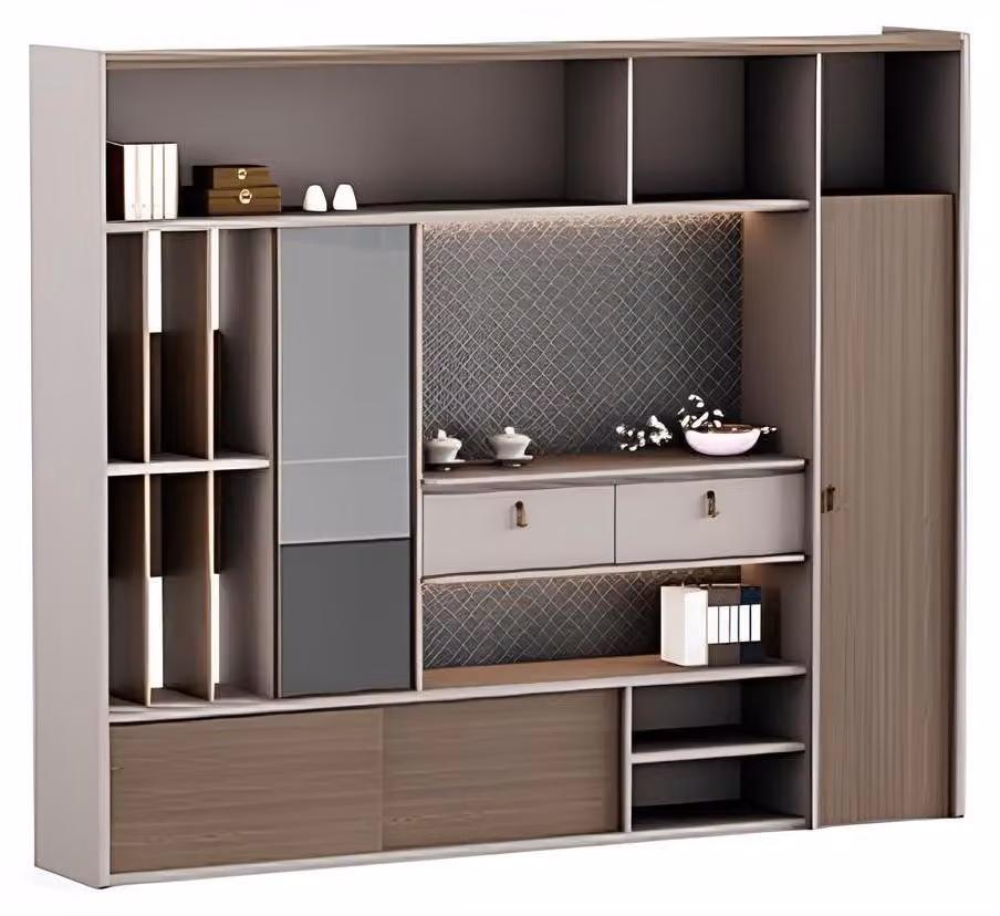 Lussuoso armadio da ufficio in legno in stile moderno con ripiani e cassetti per l'ufficio