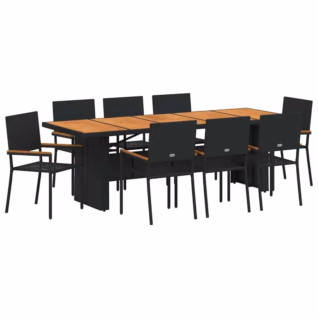 Set da pranzo per giardino e terrazzo vidaXL in polyrattan e legno di acacia, 9 pezzi, nero e marrone – 2
