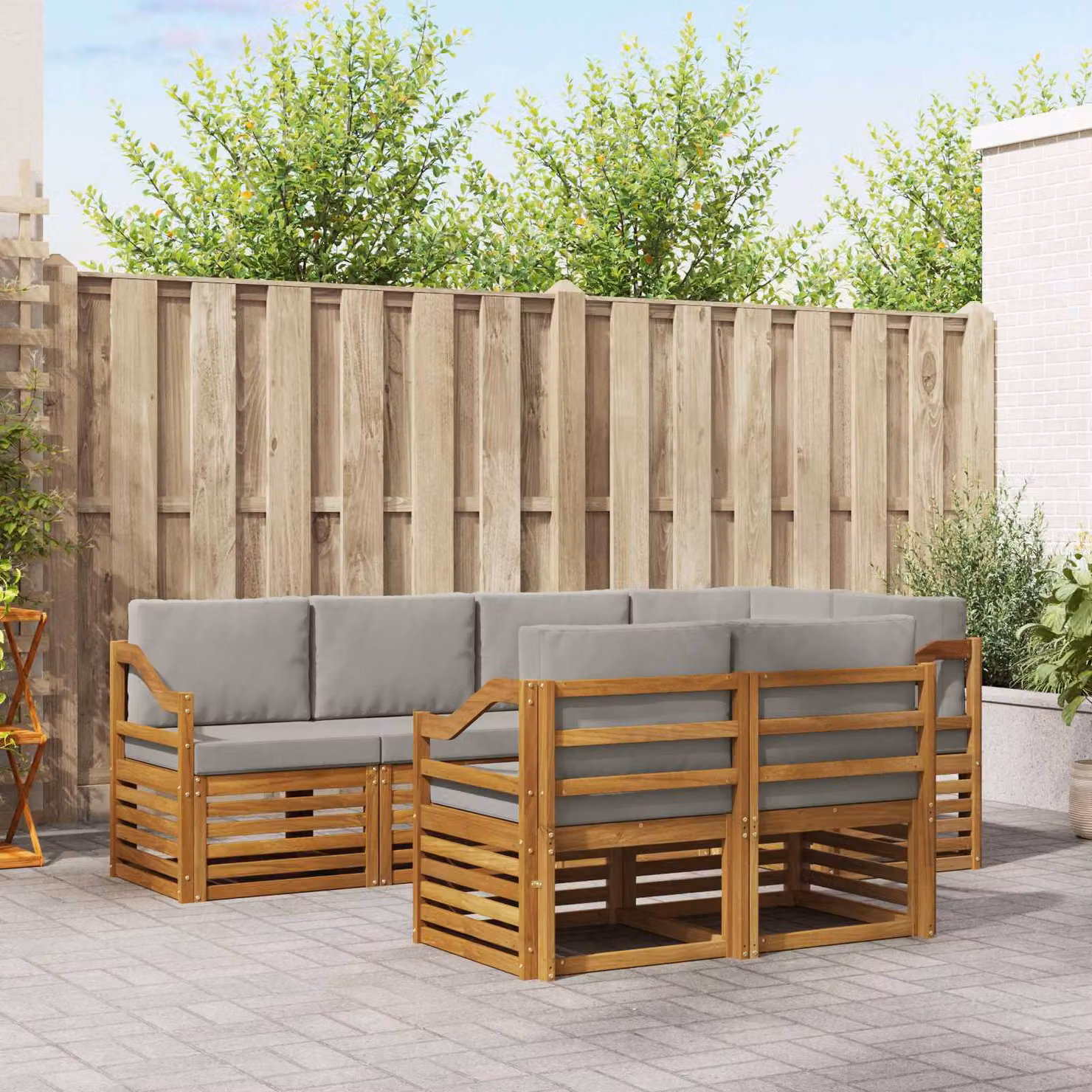 Set di divani da esterno vidaXL 7 pz in legno di acacia con cuscini, design moderno a L, colori beige e grigio