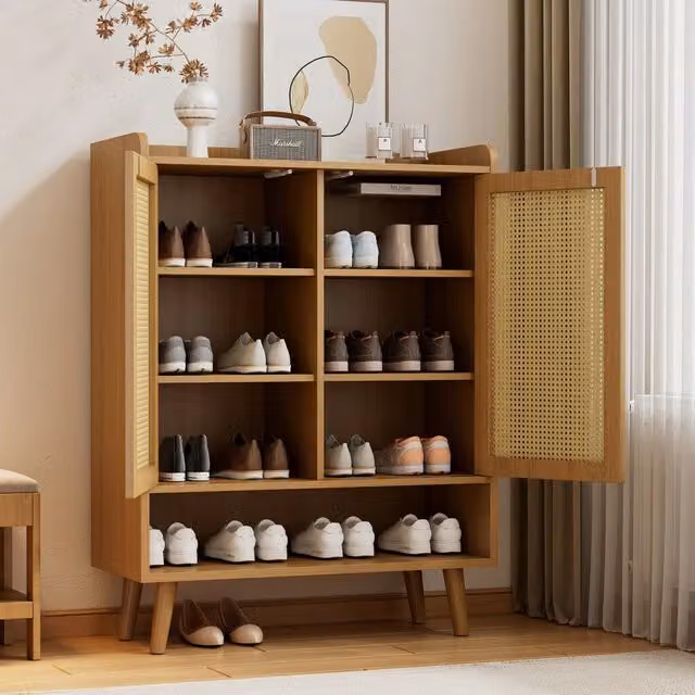 Scarpiere REDOM in stile scandinavo con 2 ante e ripiani interni, colore beige e marrone, L: 80 cm, P: 35 cm, H: 105 cm