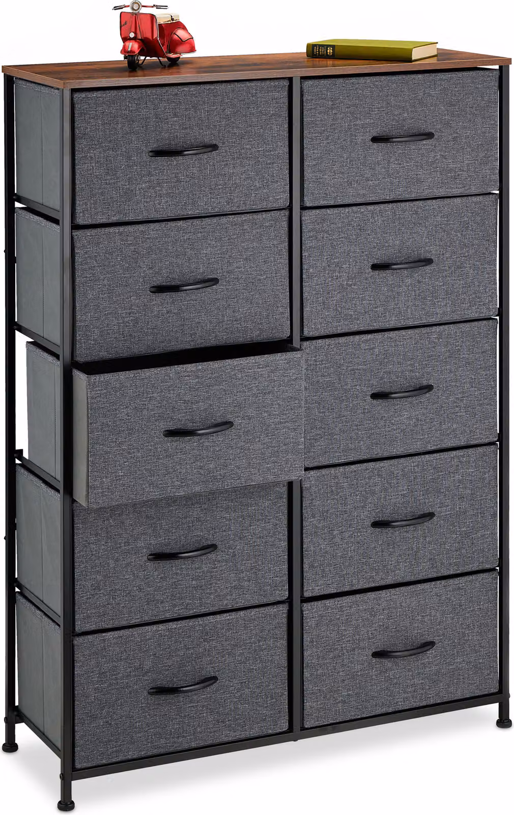 Comodino Relaxdays, 120x85,5x30 cm, metallo, effetto legno, 10 cassetti in tessuto, ripiano, comodino moderno, multicolore