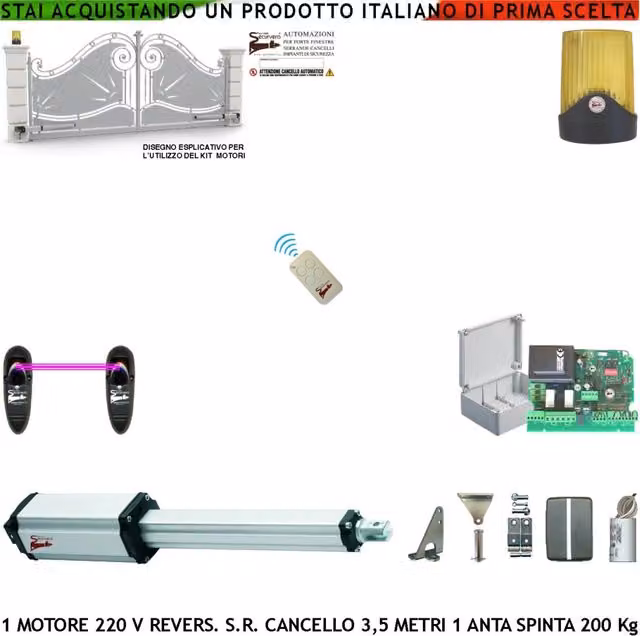 Automazione Kit Base Ricambio Per Cancello Elettrico Con Anta da 3,5 Metri Motore Elettromeccanico 230 V Stelo Retrattile Reversibile Corsa 600 mm Spinta 250 Kg Centrale Radiocomando Fotocellule Faro