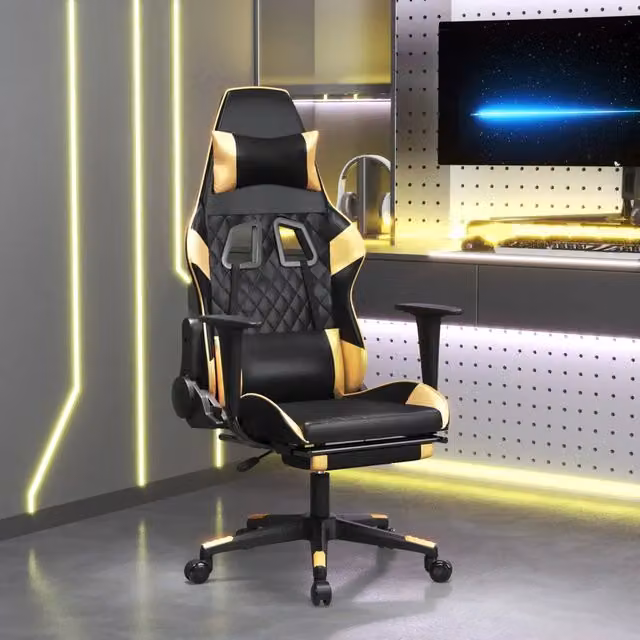 Sedia da Gaming vidaXL con Poggiapiedi, Rivestimento in Similpelle, Nero e Oro, L/P/H: 64 x 60 x 127 cm