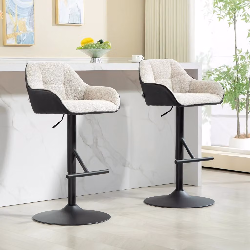 Set di 2 sgabelli girevoli 360 gradi Giordanoshop con schienale imbottito, regolabili in altezza, in tessuto e similpelle, colore nero e grigio, L 52,5 cm x P 53 cm x H 86,5-108 cm – 2