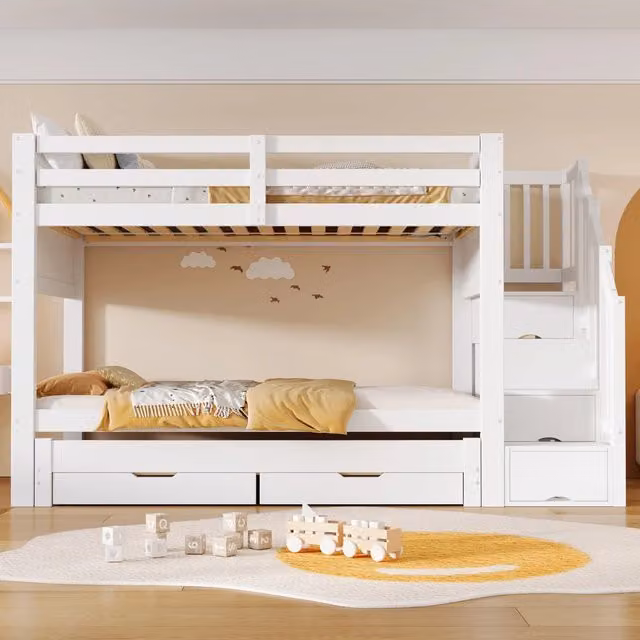 Letto a castello 90x200 cm con estraibile; scala contenitore e armadio; in pino e MDF bianco per cameretta