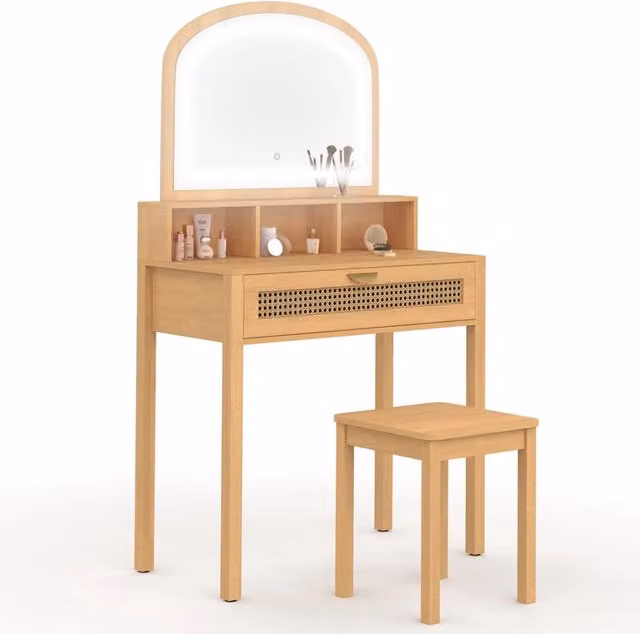 IDMarket Tavolo da toilette EDHEN con specchio LED, 1 cassetto, 3 nicchie e sgabello in canna naturale ed effetto legno, colore beige e marrone