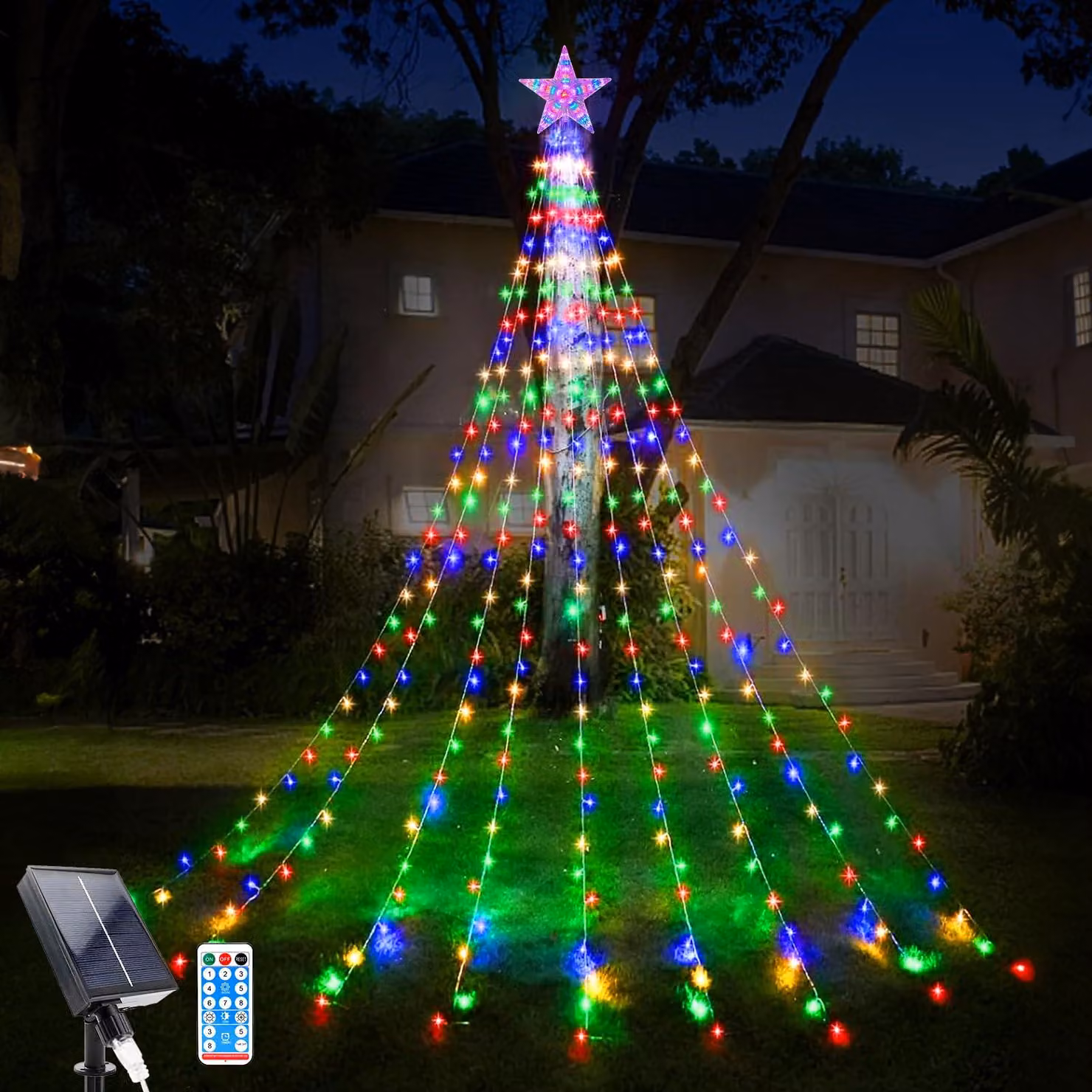 Catena luminosa a energia solare con 198 LED, lunghezza 9x2 metri, forma a stella, con telecomando