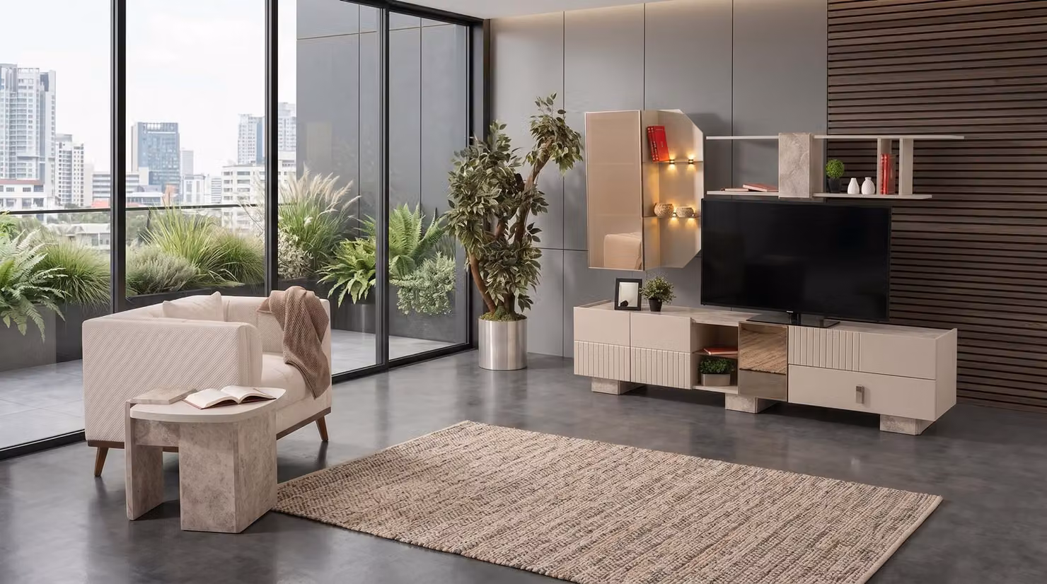 Televisore moderno, mobile TV beige, tavolino laterale, set per il soggiorno