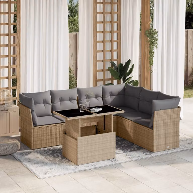 Set di divani da giardino vidaXL 7 pezzi con cuscini beige e grigi in rattan e struttura in acciaio con tavolino da esterno