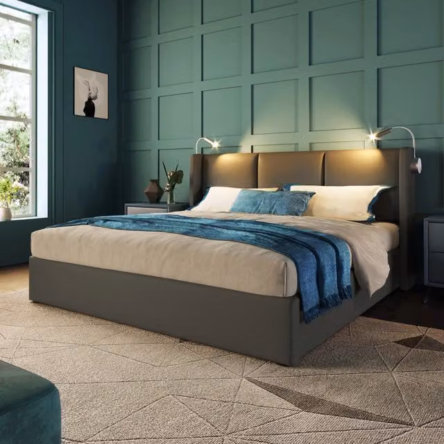 Letto matrimoniale 160x200 contenitore con rete sollevabile; testiera imbottita; luce da lettura e ricarica USB; grigio