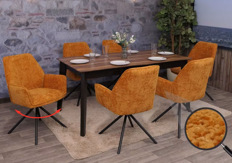 Set di 6 sedie da pranzo modello HWC-G67, sedia per cucina con braccioli, girevole, con sistema di auto-blocco, in tessuto chenille ®, colore giallo senape