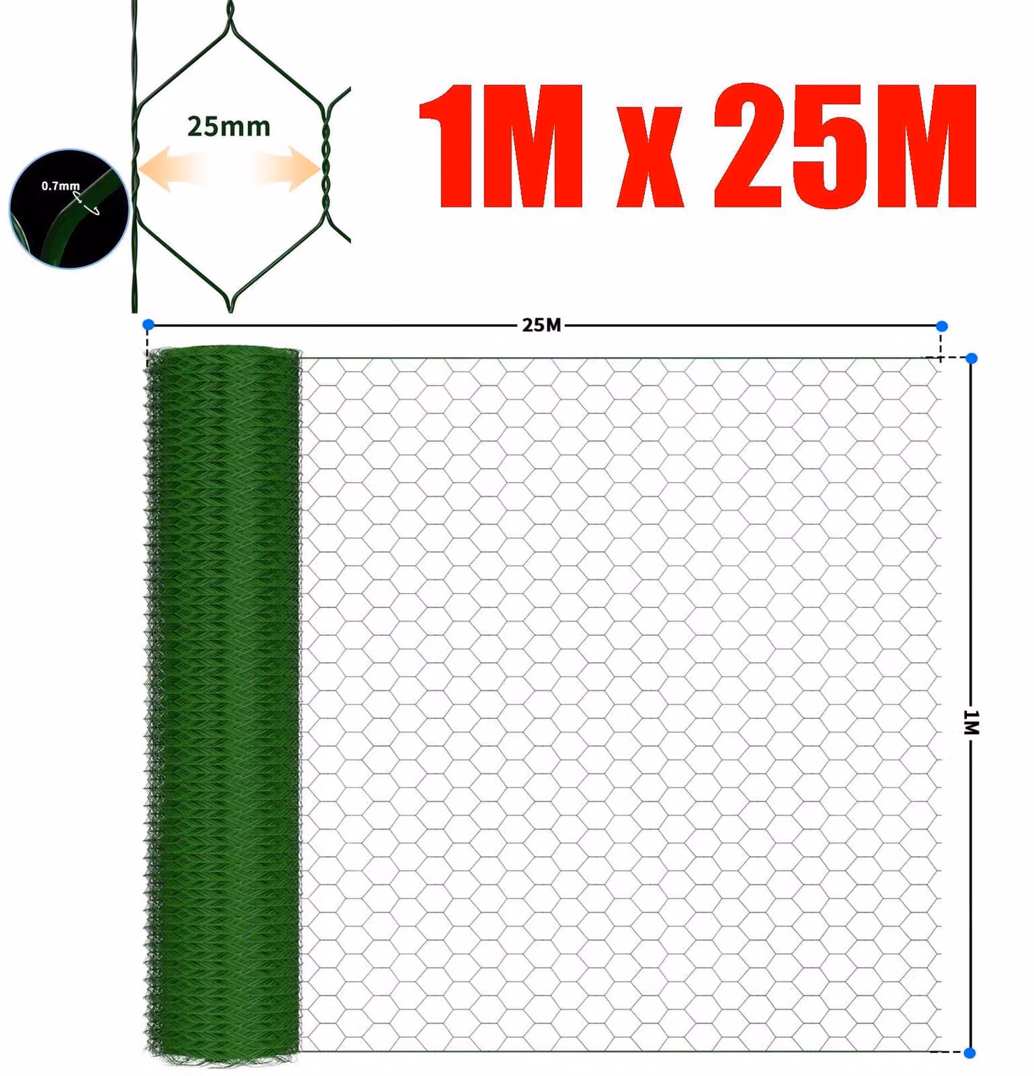 Recinzione in rete metallica a maglie esagonali - Recinzione per giardino, ideale per conigli - Lunghezza 25 metri, larghezza 1 metro - Dimensione delle maglie: 2,5 cm - Rivestimento in PVC - Colore verde