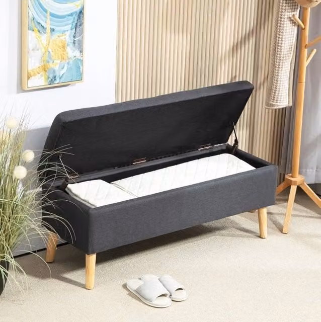Panca contenitore MODFU in tessuto grigio con seduta imbottita e struttura in legno in stile scandinavo L/P/H: 220 x 39 x 45 cm