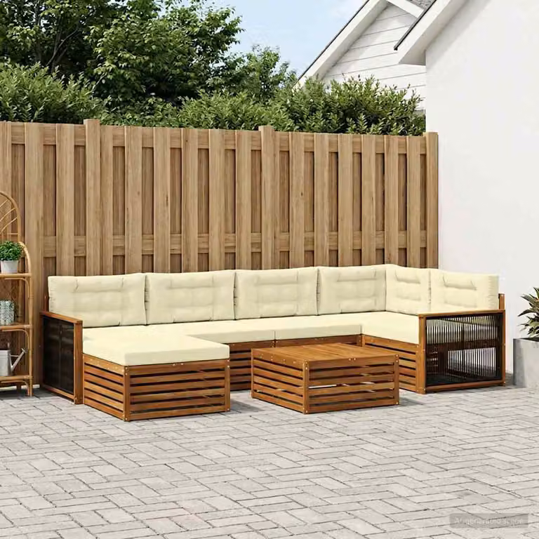 Set di divani da esterno vidaXL 7 pz in legno di acacia con tavolo da caffè e pouf, colore beige e marrone
